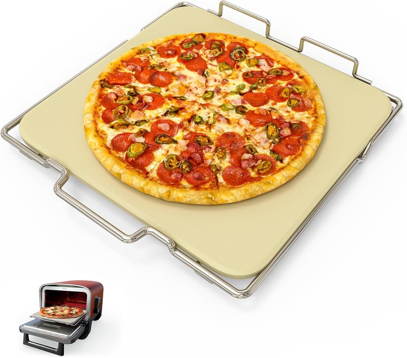 MOASKER Pizza Stone with Rack for Ninja Woodfire OO101 8 in 1 Outdoor Smoker Pizza Oven, Pizza Stone Set for Ninja Woodfire OO100 Series Outdoor Oven, Baking Stone for Ninja Oven Accessories, 12" - Image 1